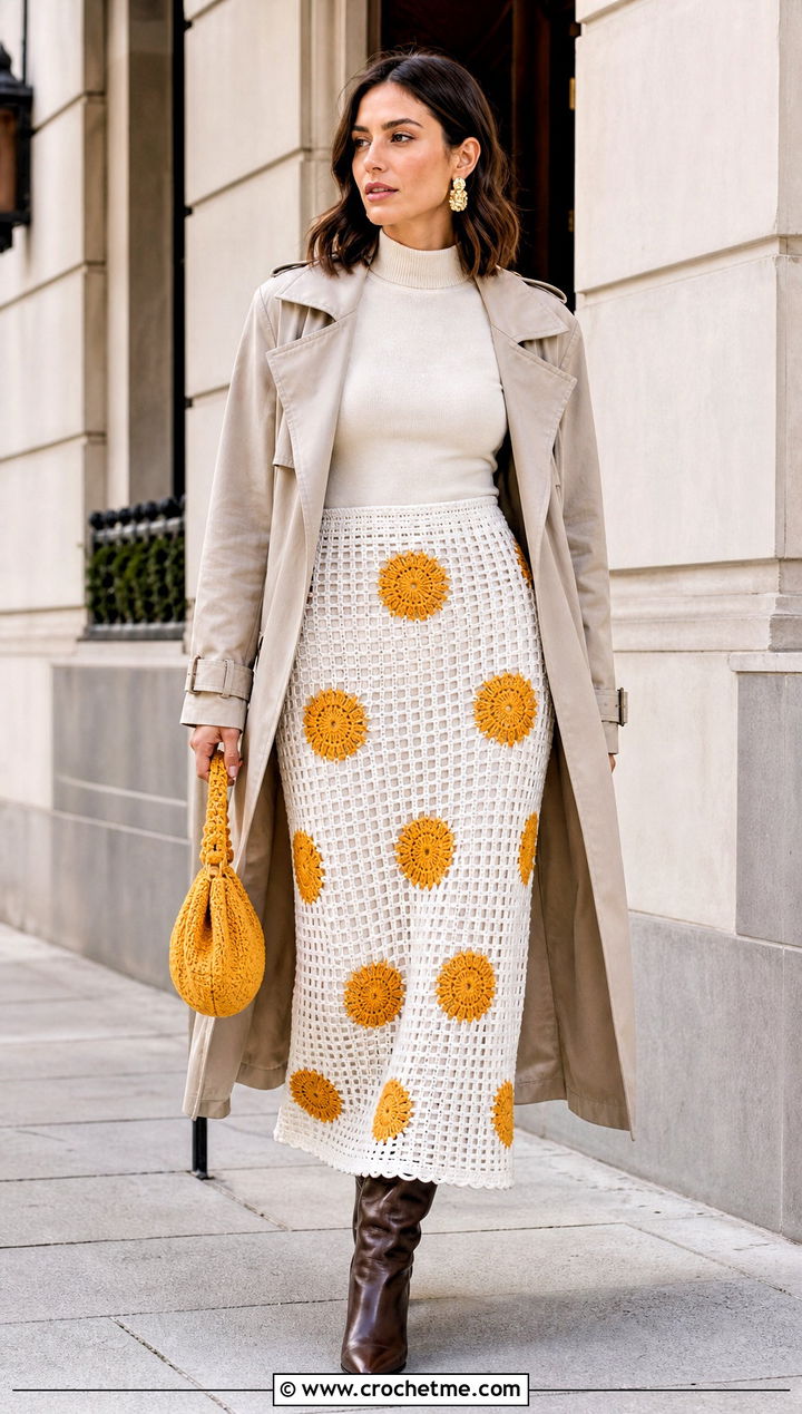 White Crochet Filet Maxi Skirt With Cropped Trench Coat - 35 White Crochet Skirt Outfit ideas