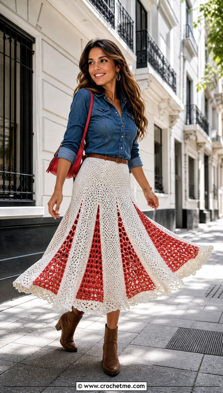 White Crochet Godet Skirt With Fitted Denim Shirt - 35 White Crochet Skirt Outfit ideas