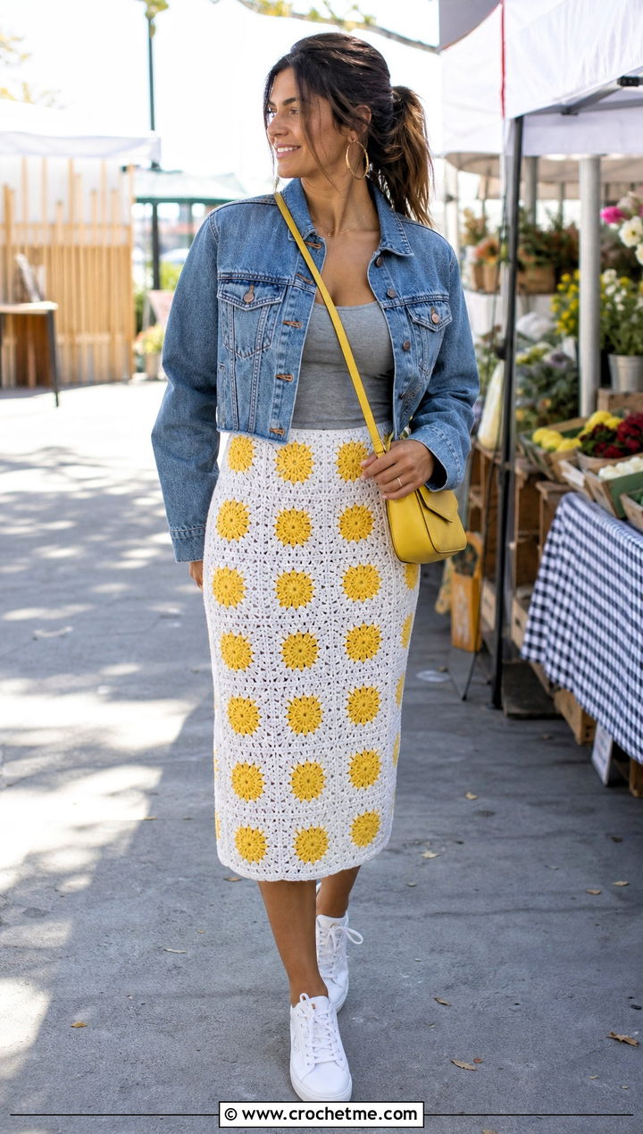 White Crochet Granny Square Midi Skirt With Denim Jacket - 35 White Crochet Skirt Outfit ideas