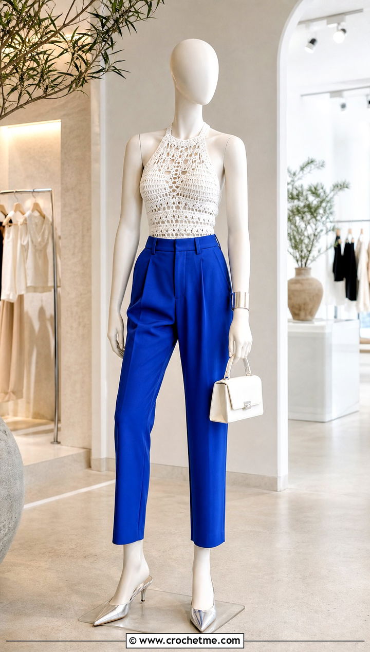 White Crochet Halter Top With Tailored Trousers - 15 white crochet top on mannequin outfit ideas
