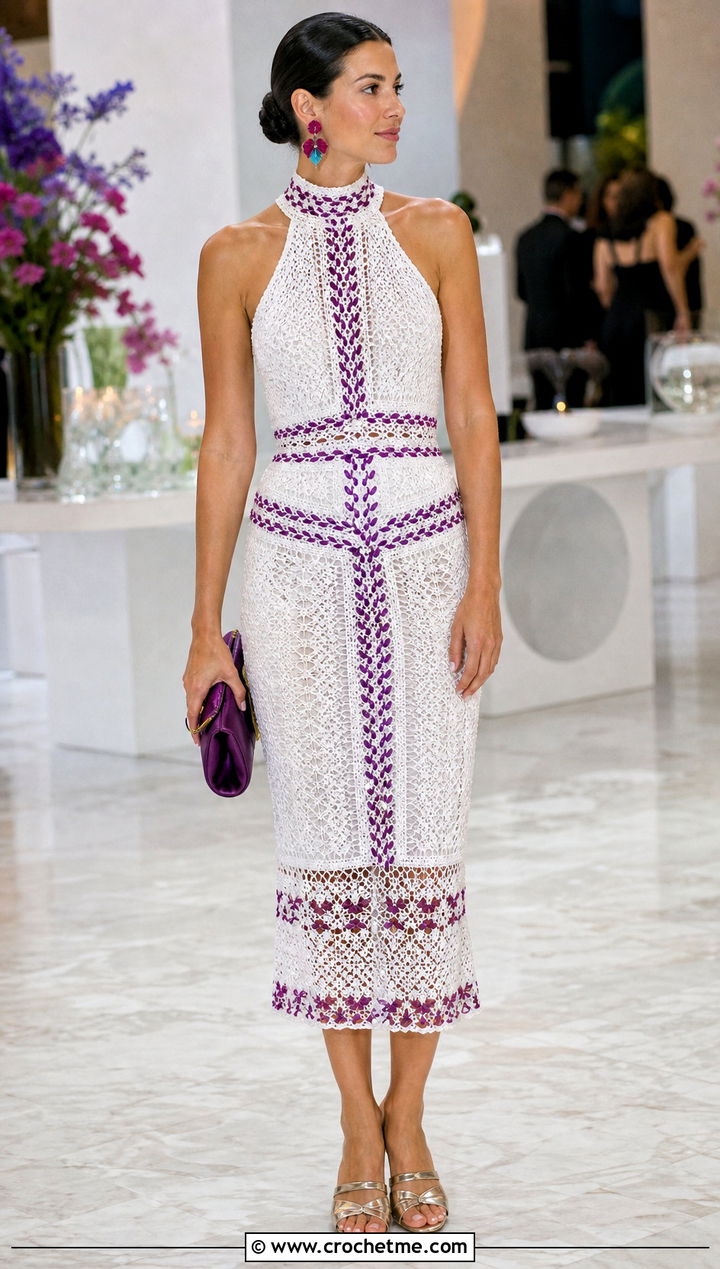 White Crochet High Neck Dress With Statement Earrings - 35 white crochet dress outfit ideas