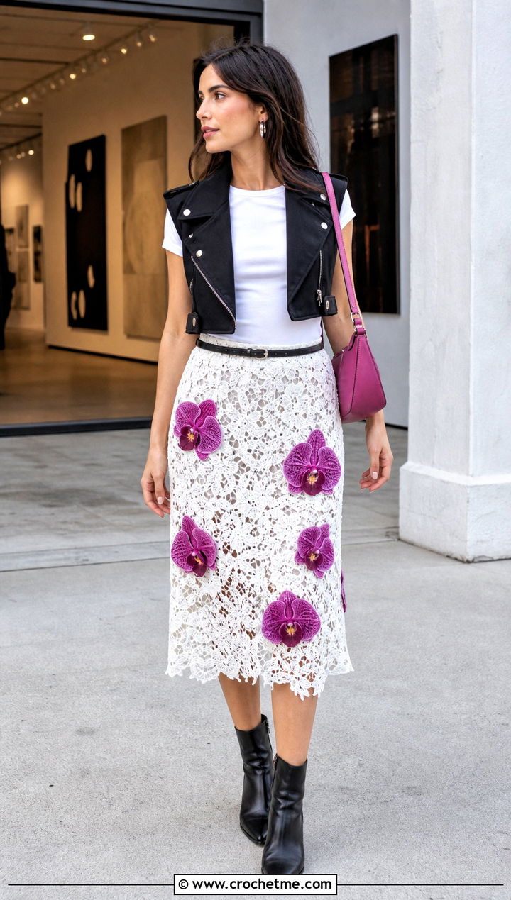 White Crochet Lace Midi Skirt With Moto Vest - 35 White Crochet Skirt Outfit ideas