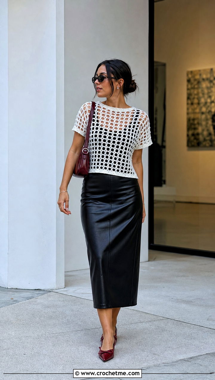 White Crochet Mesh T Shirt With Leather Skirt - 35 White Crochet Outfit ideas