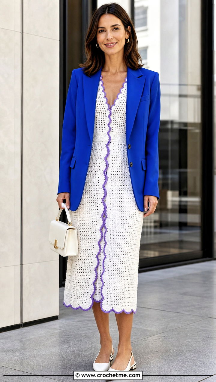 White Crochet Midi Dress With Blazer - 35 white crochet dress outfit ideas