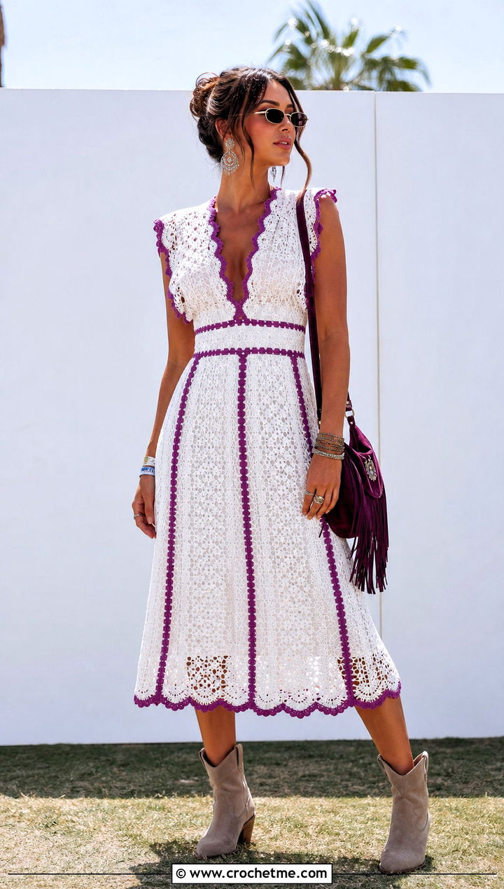 White Crochet Midi Dress With Western Boots - 15 summer white crochet outfit ideas