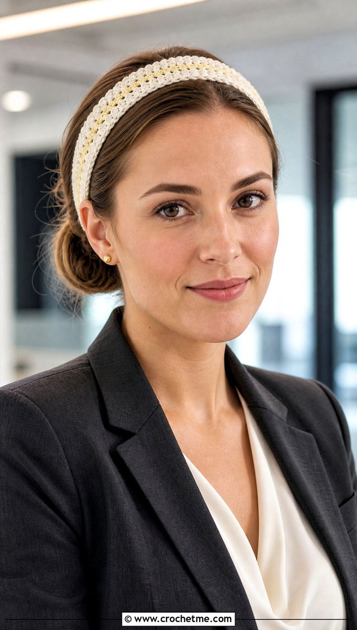 White Crochet Narrow Ribbed Headband With Blazer And Trousers - 35 white crochet headband outfit ideas