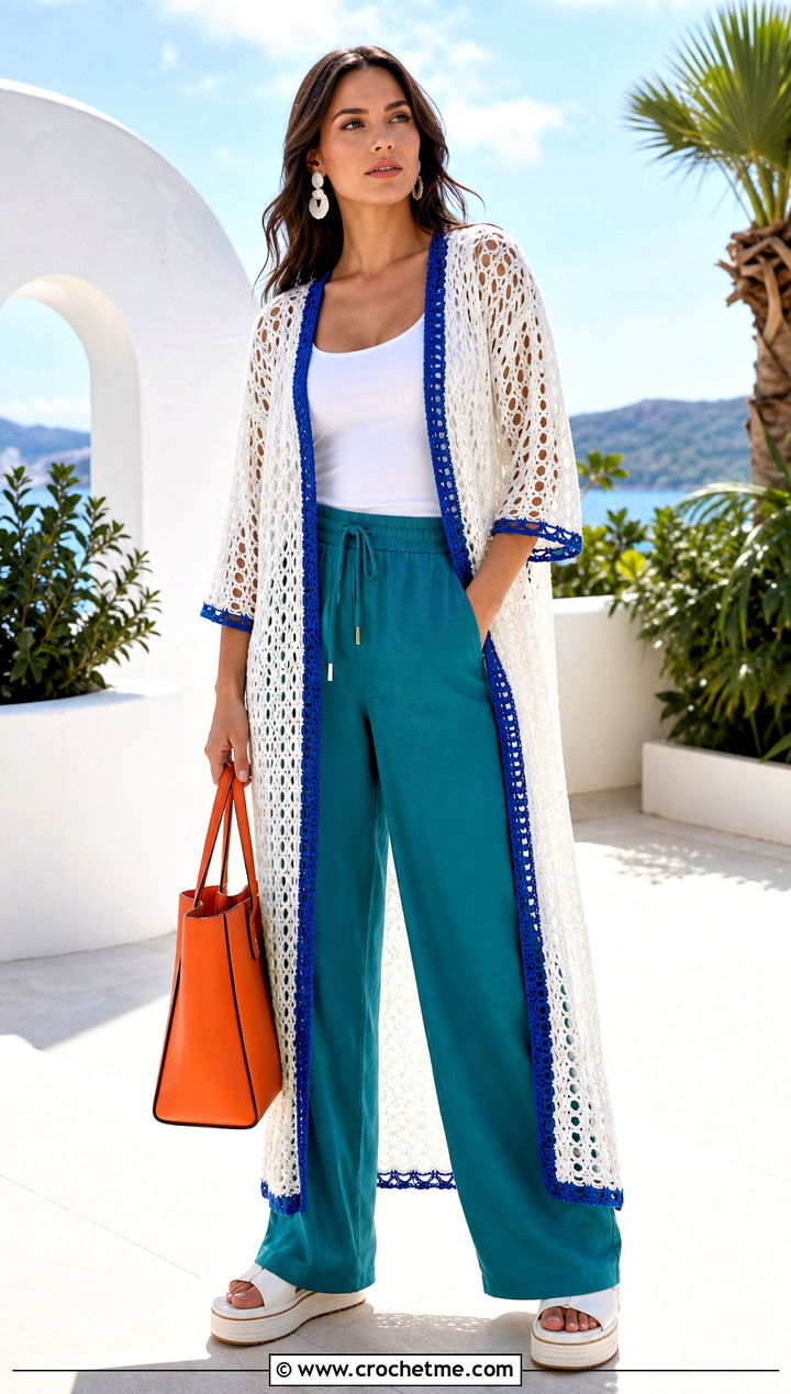 White Crochet Open Stitch Cover Up Dress With Wide Leg Pants - 35 white crochet dress outfit ideas