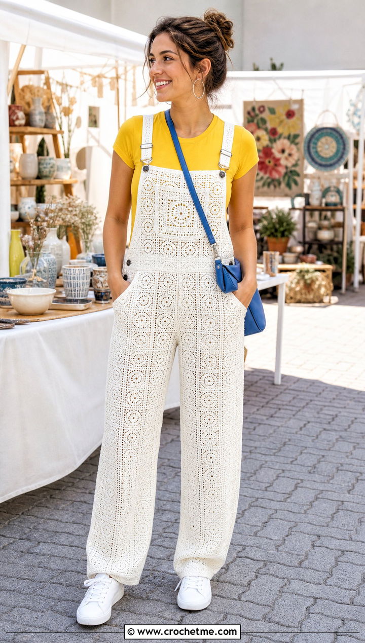 White Crochet Overalls With Fitted T Shirt - 35 White Crochet Outfit ideas