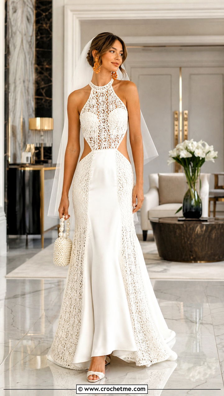 White Crochet Overlay Satin Wedding Dress With Orange Earrings - 25 white crochet wedding dress outfit ideas