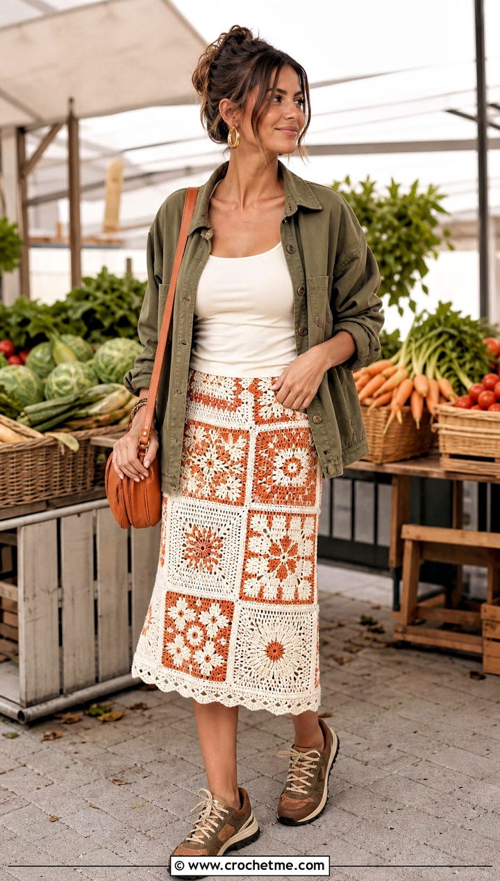 White Crochet Patchwork Skirt With Utility Jacket - 35 White Crochet Skirt Outfit ideas