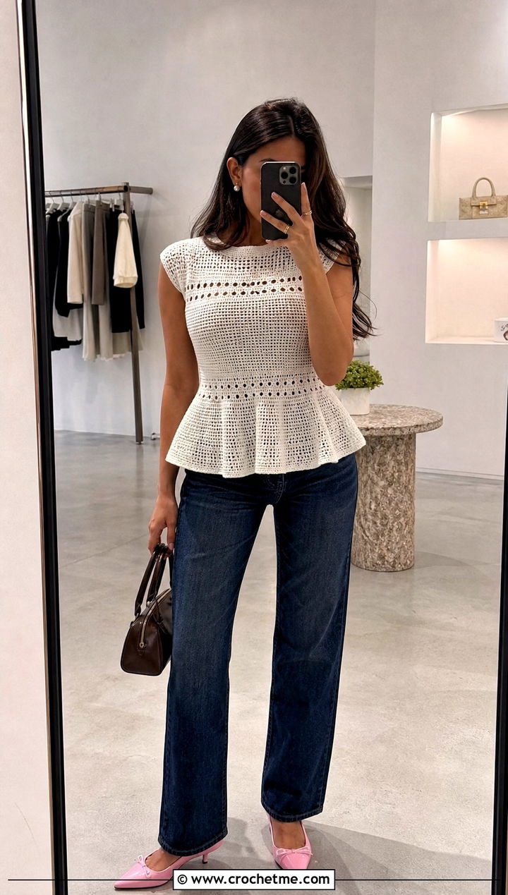 White Crochet Peplum Blouse With Straight Leg Jeans - 15 white crochet blouse design outfit ideas