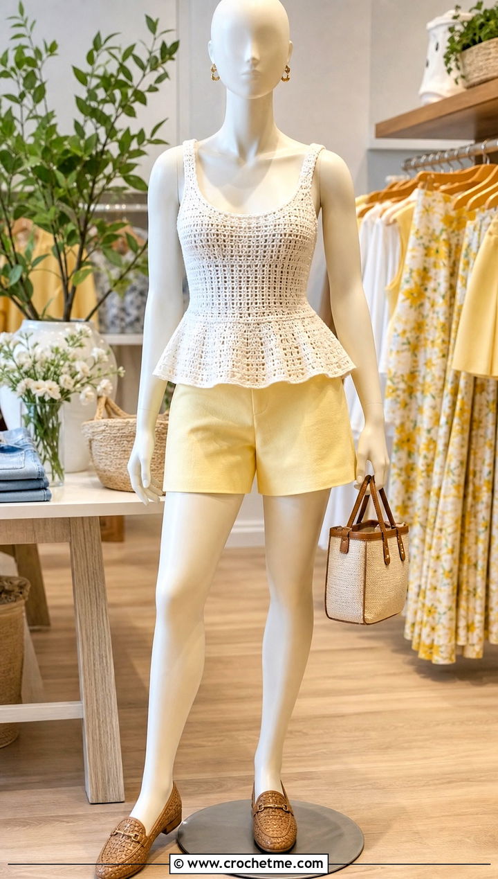 White Crochet Peplum Tank Top With Tailored Shorts - 15 white crochet top on mannequin outfit ideas