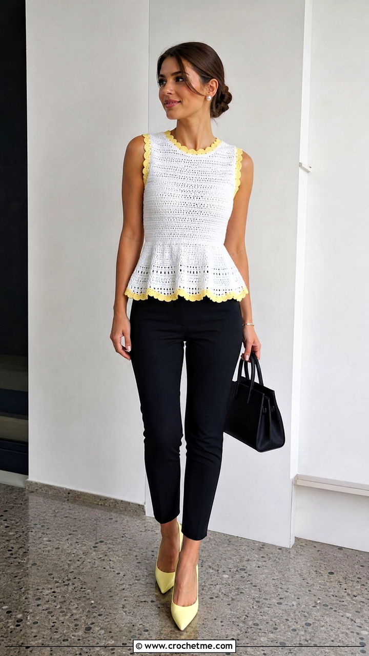 White Crochet Peplum Top With Cigarette Pants - 35 white crochet top outfit ideas