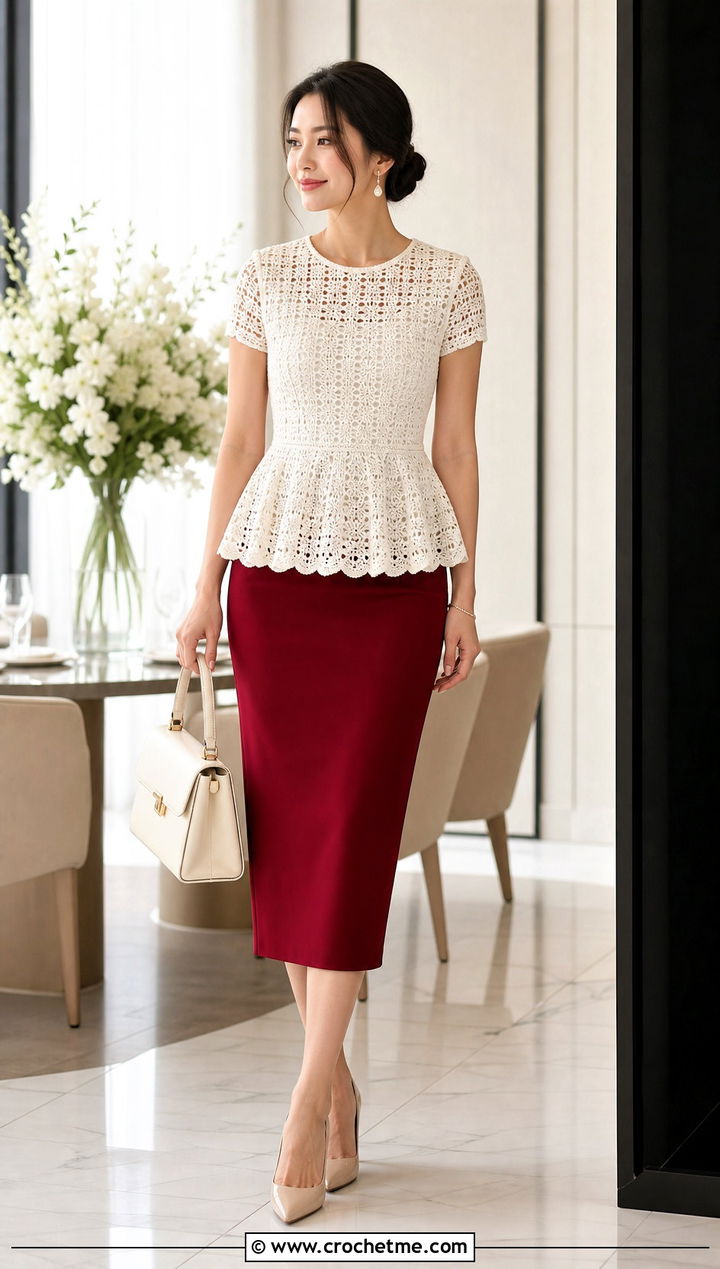 White Crochet Peplum Top With Pencil Skirt - 35 White Crochet Outfit ideas