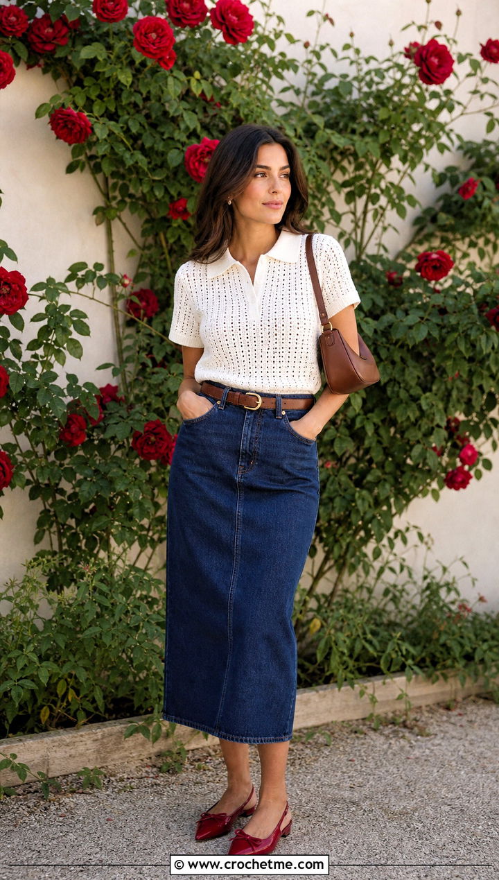 White Crochet Polo Top With Denim Midi Skirt - 15 white crochet top on floral background outfit ideas