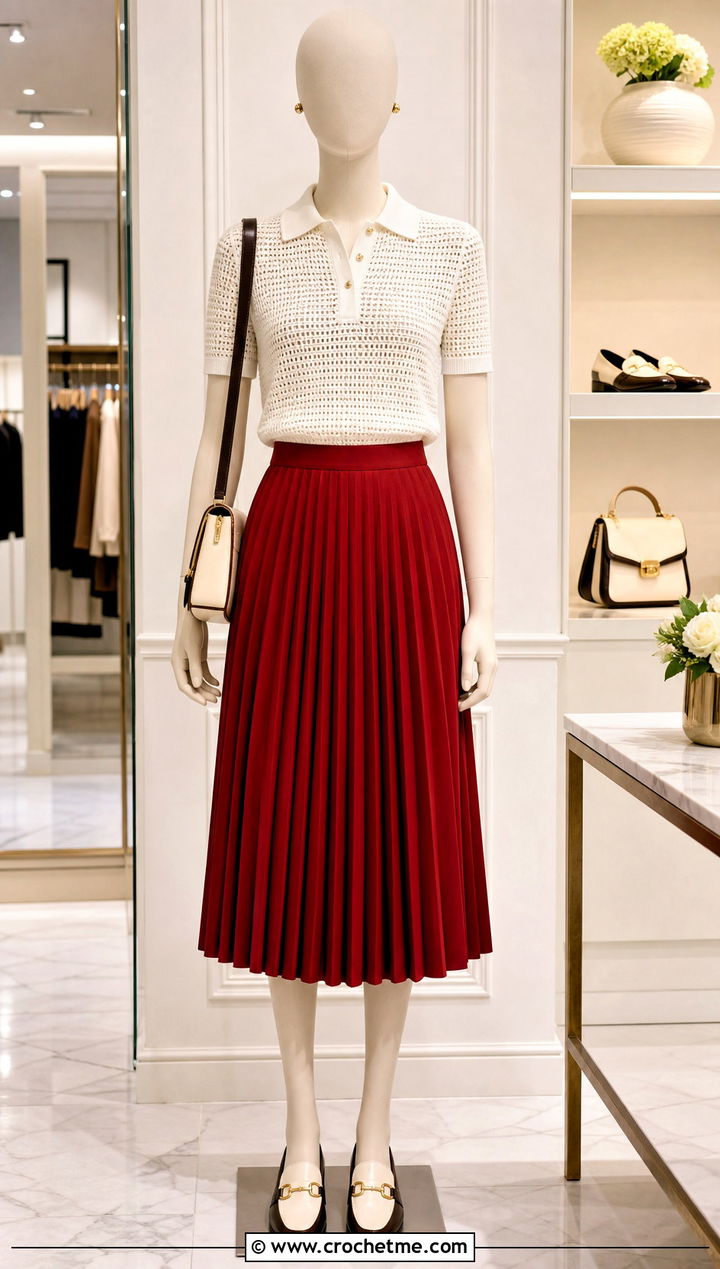 White Crochet Polo Top With Pleated Midi Skirt - 15 white crochet top on mannequin outfit ideas