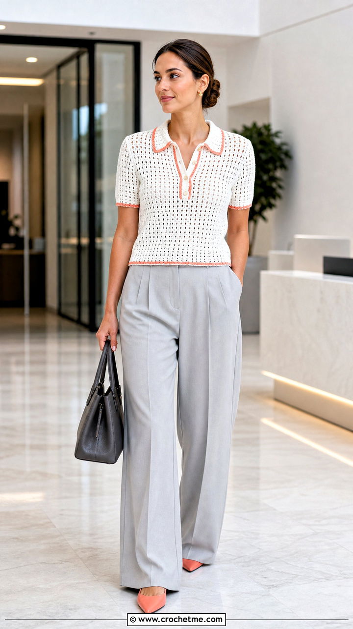 White Crochet Polo Top With Pleated Trousers - 35 white crochet top outfit ideas