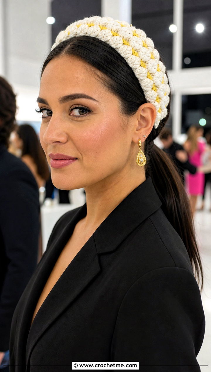 White Crochet Puff Stitch Headband With Tailored Jumpsuit - 35 white crochet headband outfit ideas