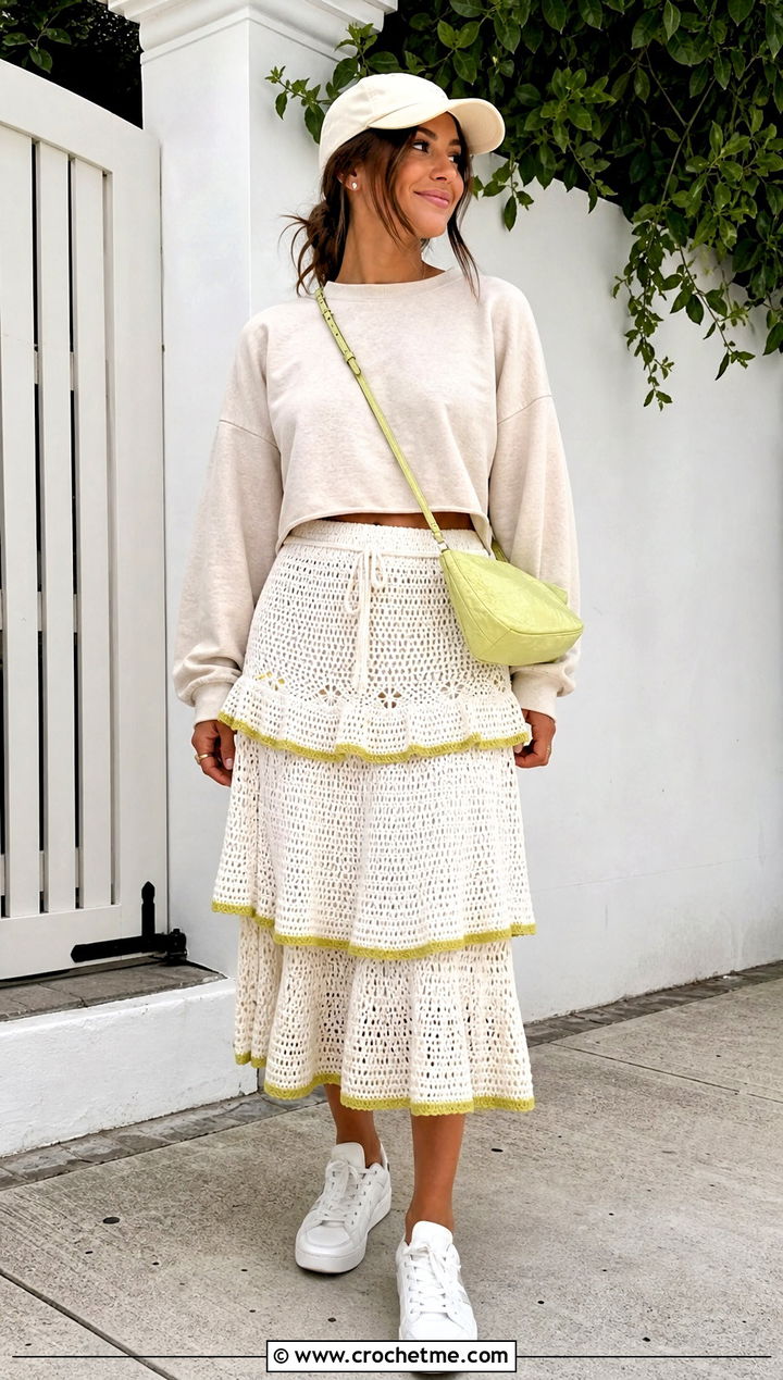 White Crochet Ruffle Skirt With Minimal Sweatshirt - 35 White Crochet Skirt Outfit ideas