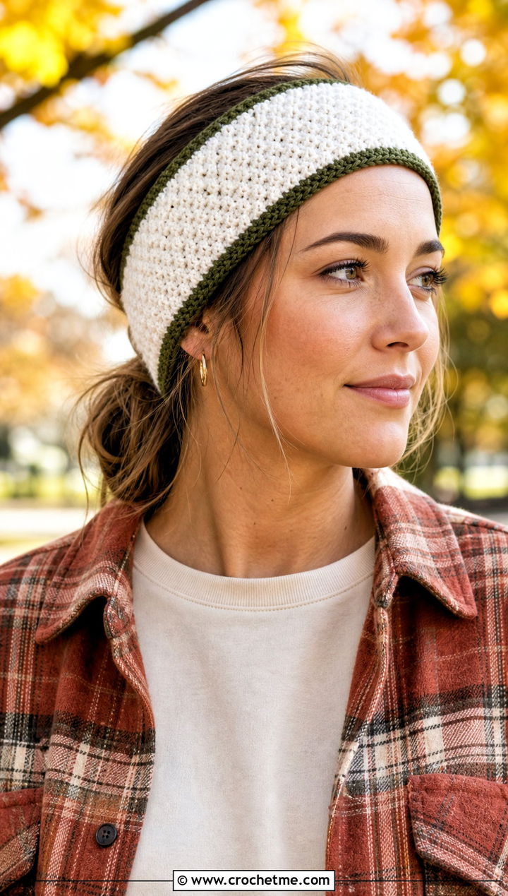White Crochet Seed Stitch Headband With Shacket And Corduroy Pants - 35 white crochet headband outfit ideas