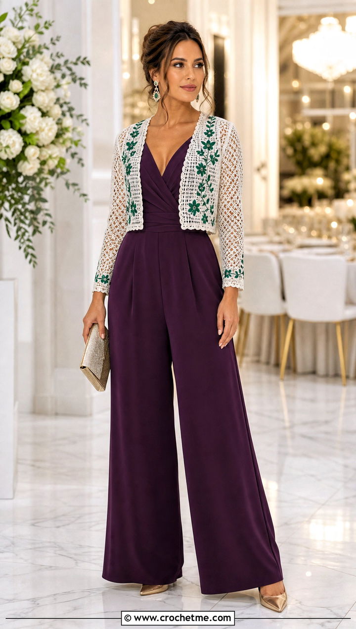 White Crochet Shrug Cardigan With Evening Jumpsuit - 35 crochet white cardigan outfit ideas