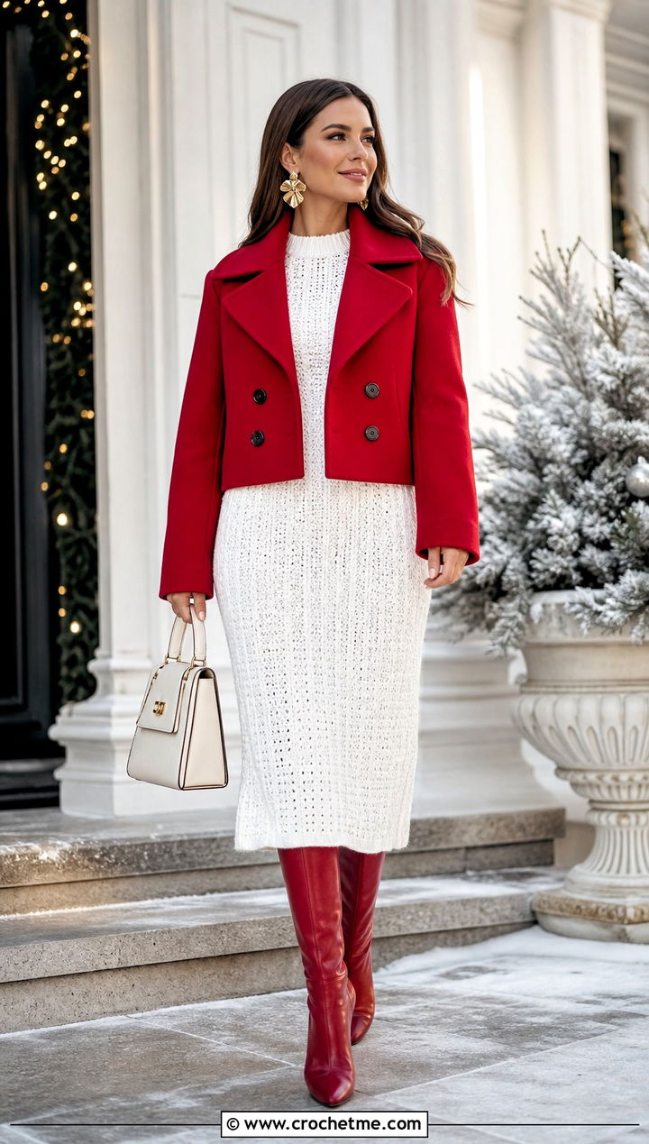 White Crochet Sweater Dress With Red Cropped Coat - 15 Red And White Crochet Holiday Outfit ideas