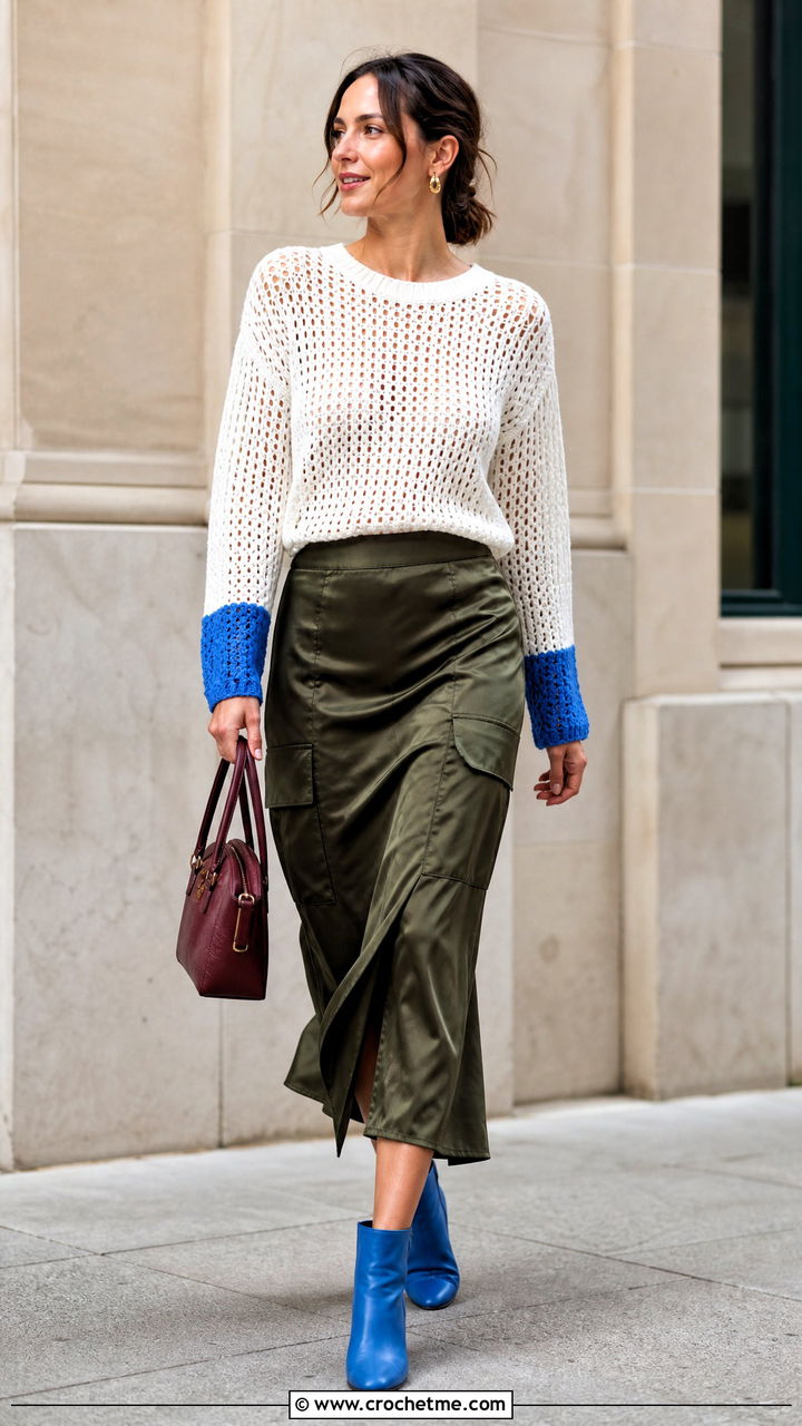 White Crochet Sweater Top With Satin Cargo Skirt - 35 white crochet top outfit ideas
