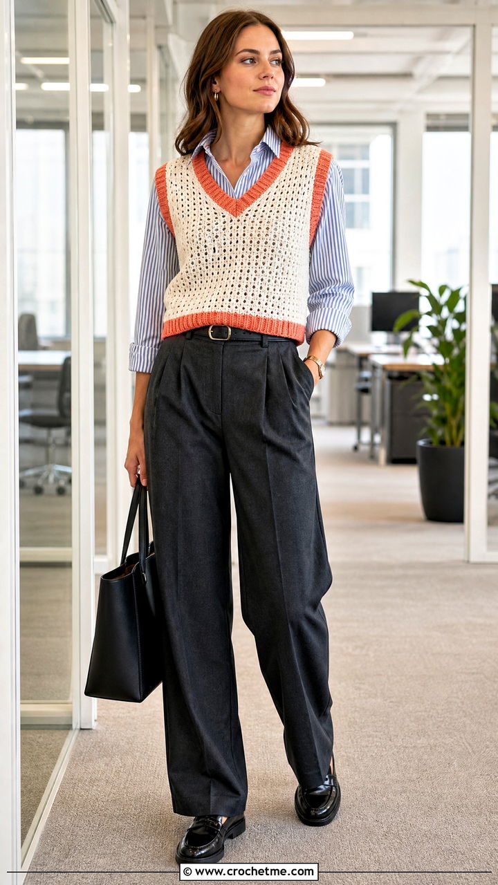 White Crochet Sweater Vest With Button Down Shirt - 35 white crochet sweater outfit ideas