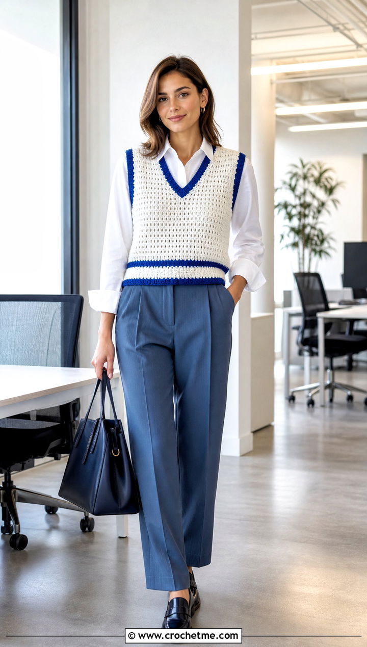 White Crochet Sweater Vest With Pleated Pants - 35 crochet white sweater outfit ideas