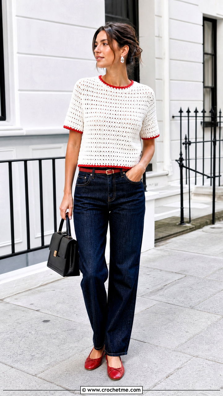 White Crochet T Shirt With Straight Leg Jeans - 35 white crochet top outfit ideas