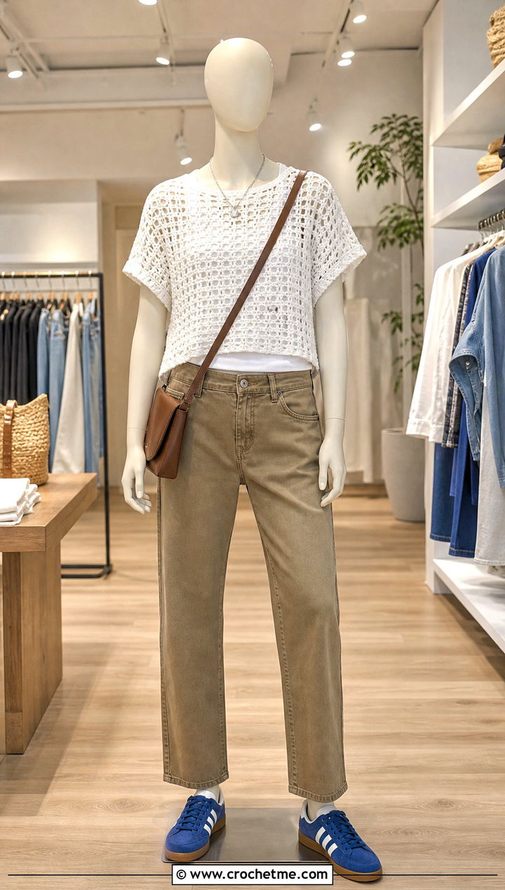 White Crochet Tee With Khaki Jeans - 15 white crochet top on mannequin outfit ideas