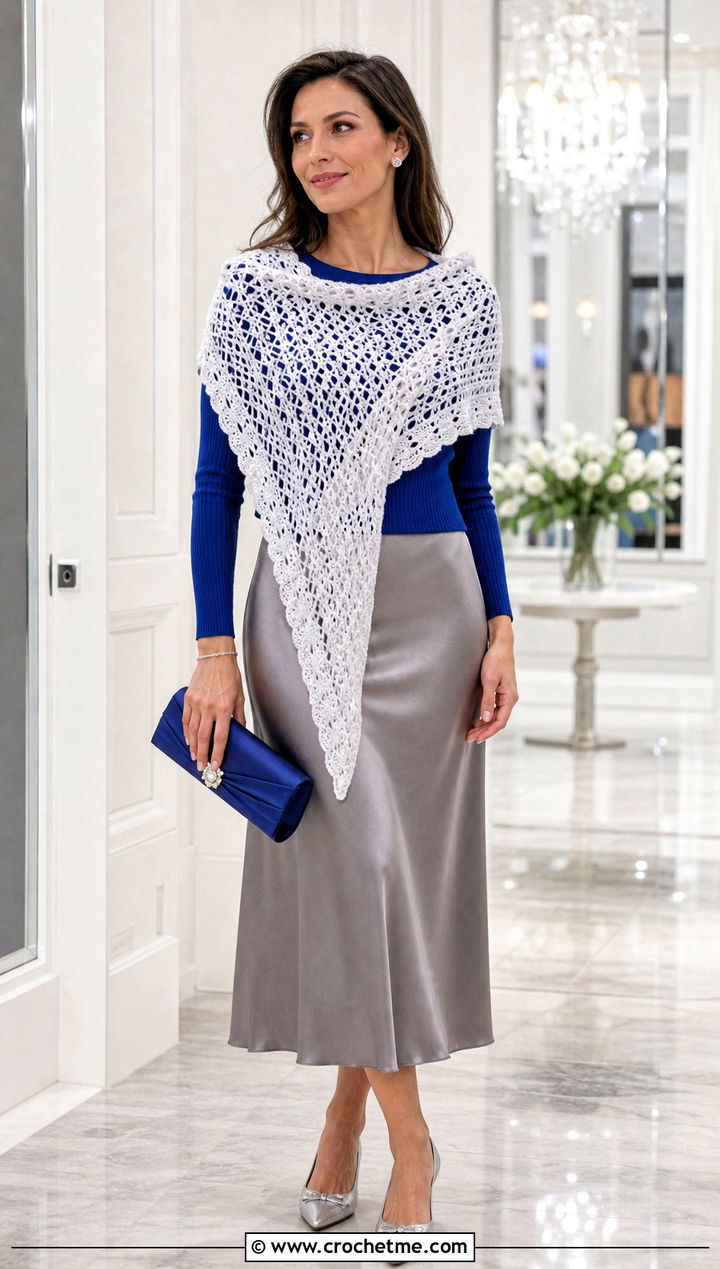 White Crochet Triangle Shawl With Satin Skirt - 35 White Crochet Outfit ideas