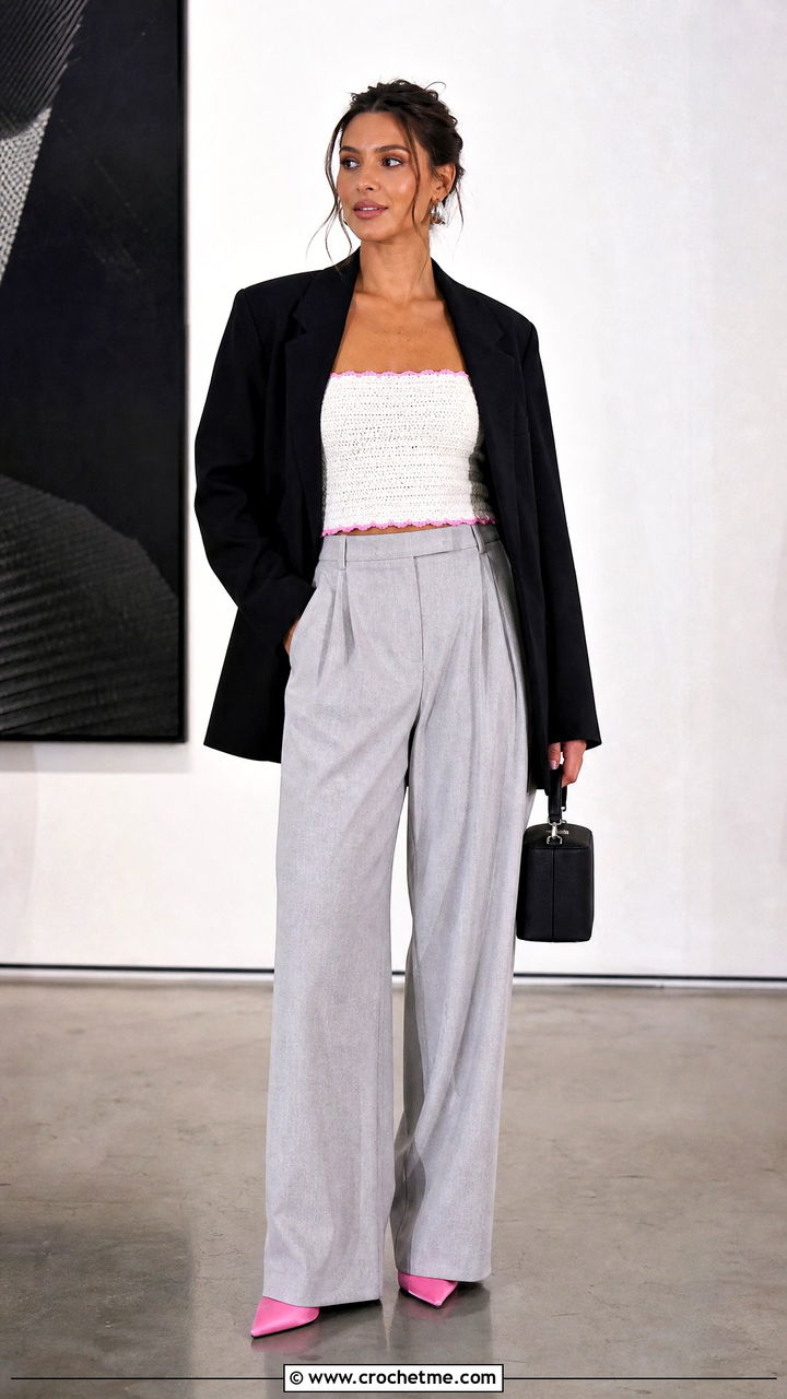 White Crochet Tube Top With Oversized Blazer - 35 white crochet top outfit ideas