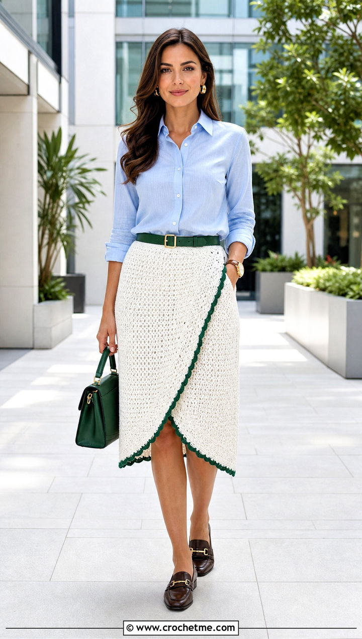 White Crochet Tulip Skirt With Belted Shirt - 35 White Crochet Skirt Outfit ideas