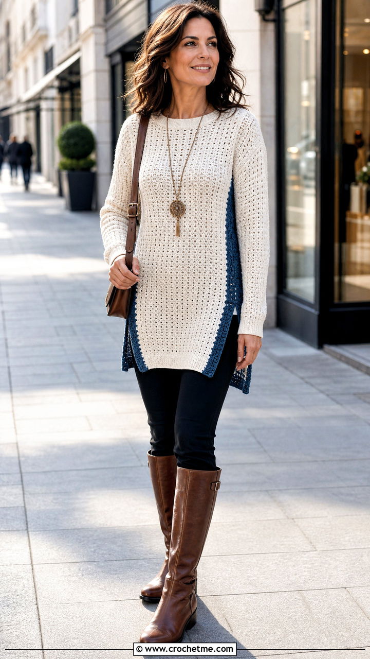 White Crochet Tunic Sweater With Slim Pants - 35 white crochet sweater outfit ideas