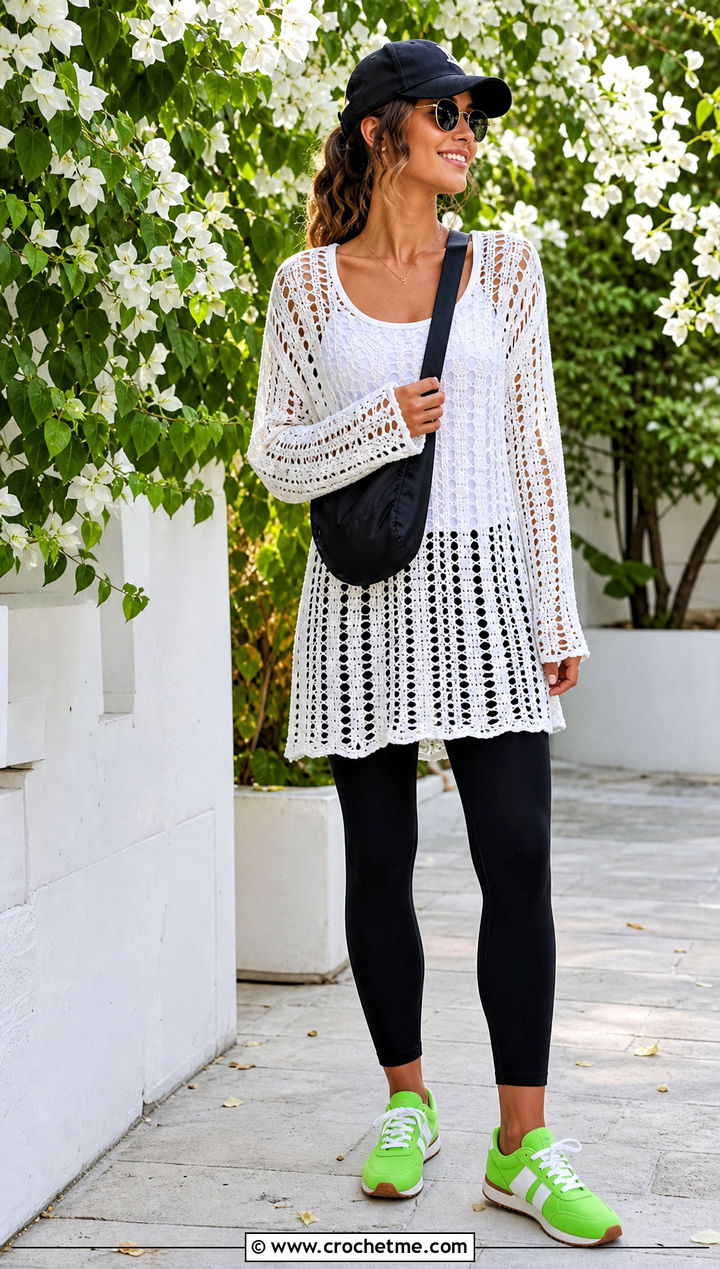 White Crochet Tunic Top With Leggings - 15 white crochet top on floral background outfit ideas