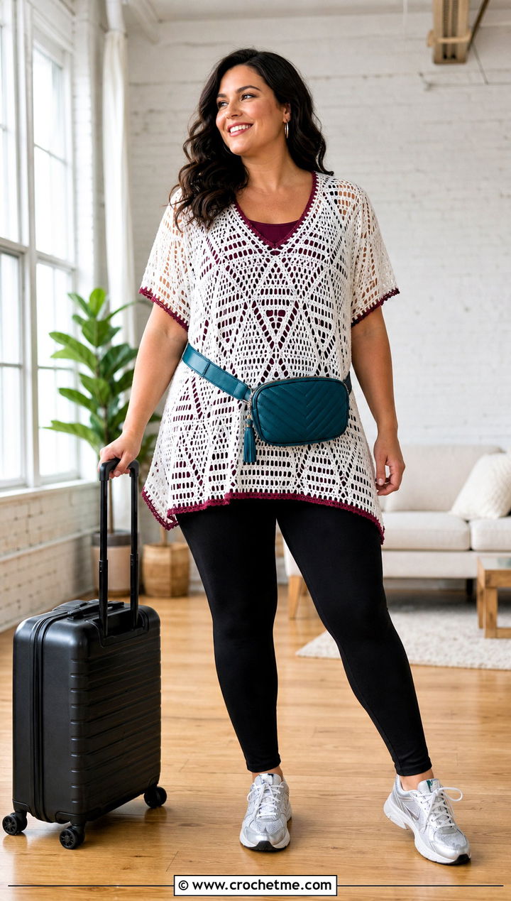 White Crochet Tunic Top With Leggings And Sneakers - 15 white crochet top on wooden floor outfit ideas