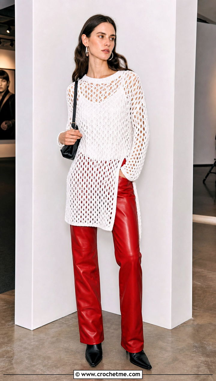 White Crochet Tunic Top With Red Leather Pants - 15 Red And White Crochet Holiday Outfit ideas
