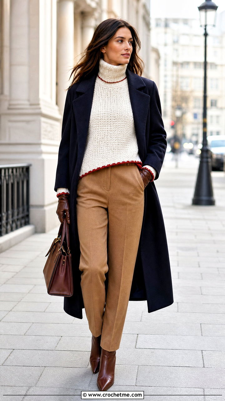 White Crochet Turtleneck Sweater With Wool Trousers - 35 white crochet sweater outfit ideas