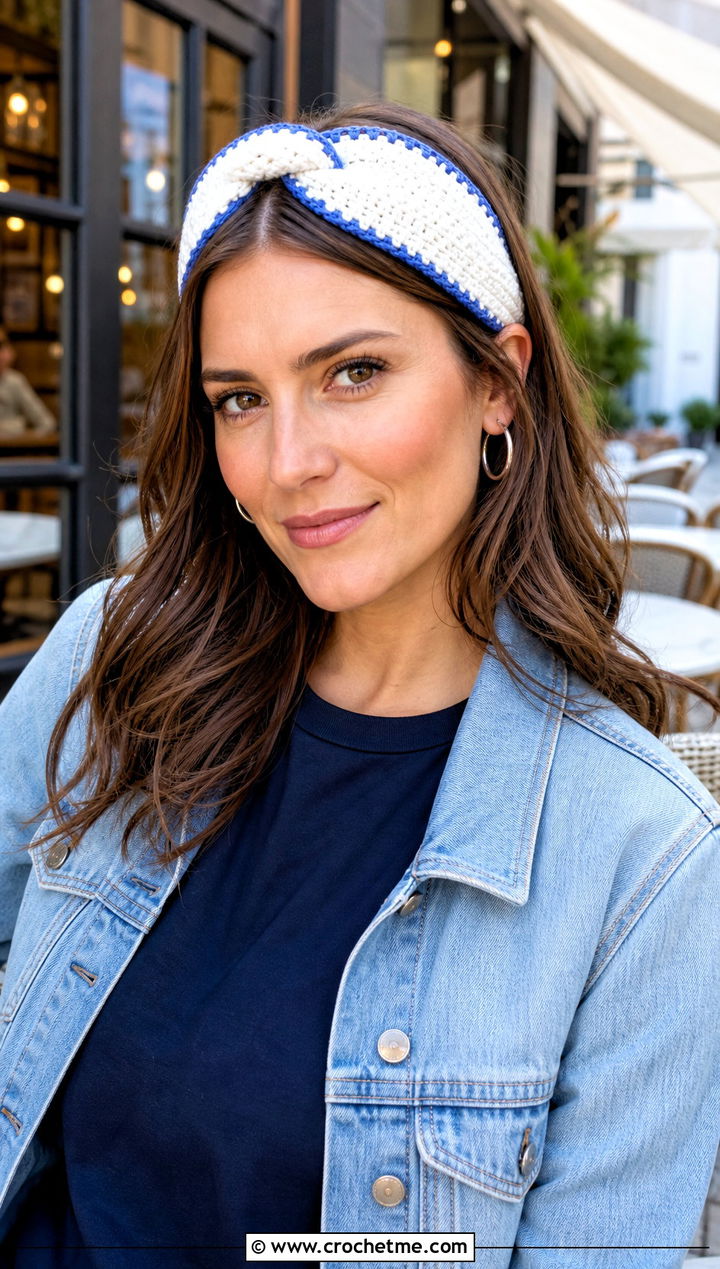 White Crochet Twisted Headband With T Shirt And Jeans - 35 white crochet headband outfit ideas