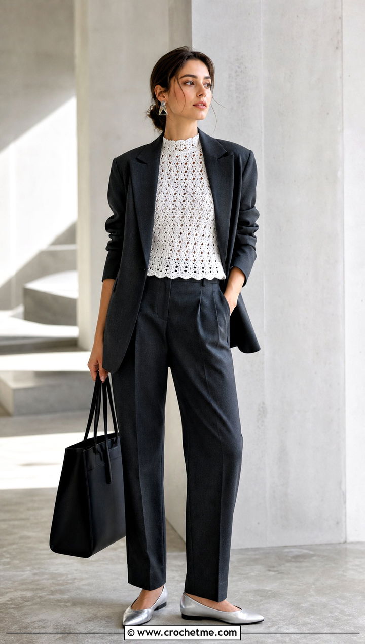 White Crochet Vest With Blazer And Trousers - 35 White Crochet Outfit ideas