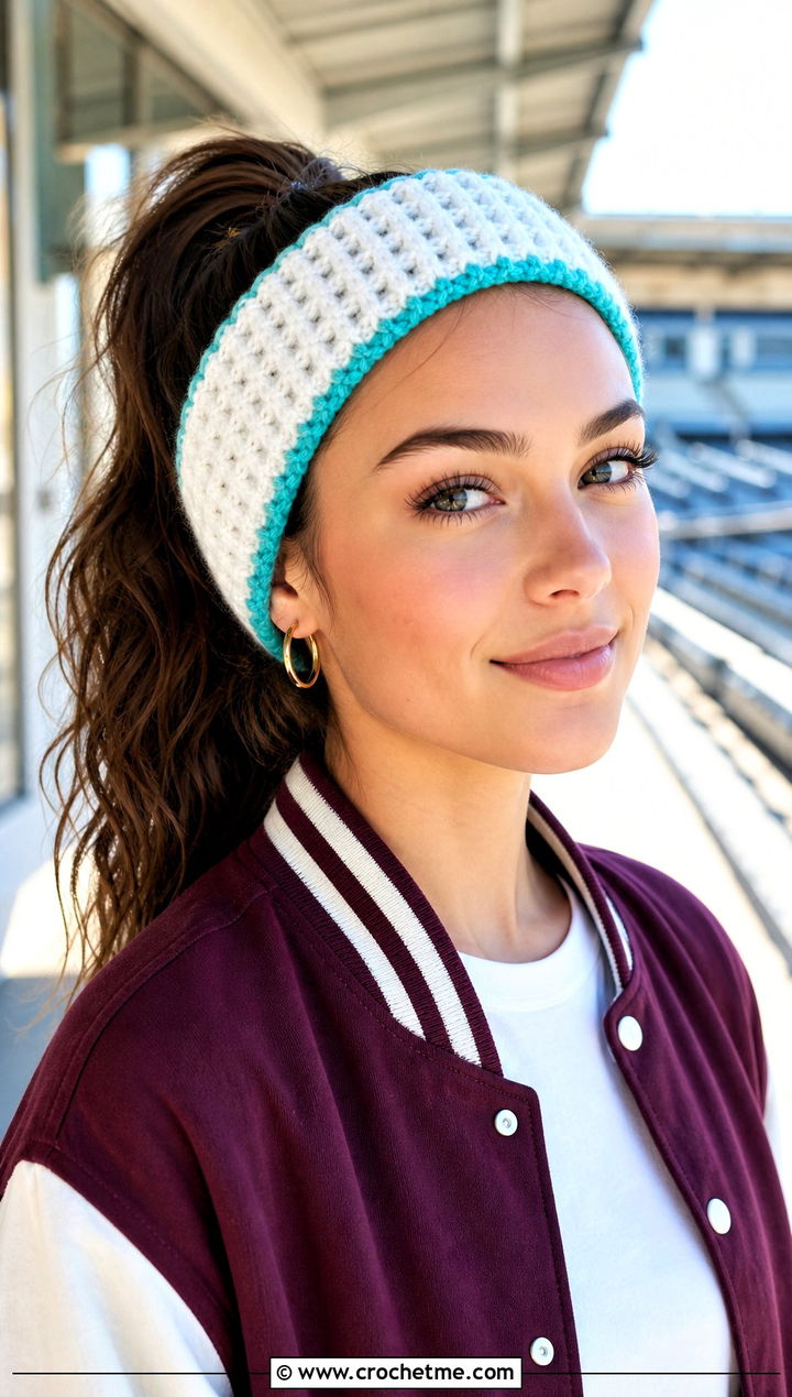 White Crochet Waffle Stitch Headband With Varsity Jacket And Denim Skirt - 35 white crochet headband outfit ideas