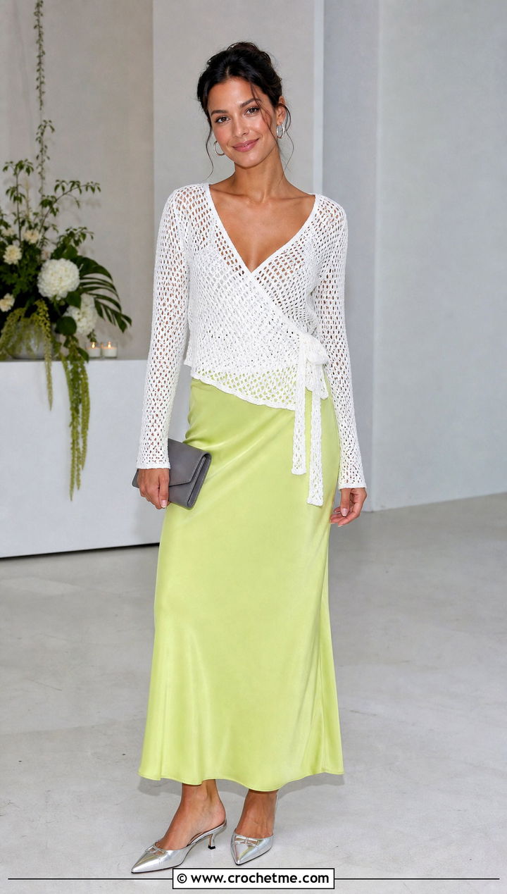 White Crochet Wrap Blouse With Slip Skirt - 15 white crochet blouse outfit ideas