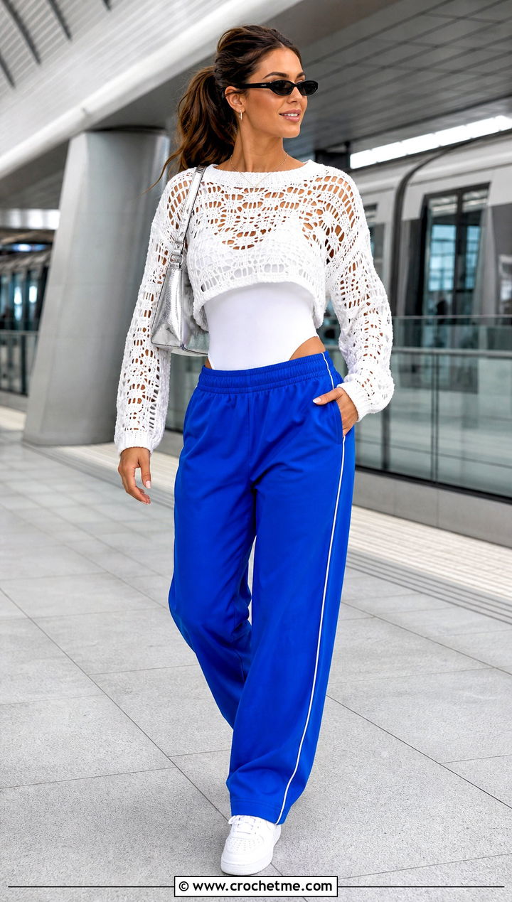 White Cropped Crochet Blouse With Track Pants - 15 white crochet blouse outfit ideas