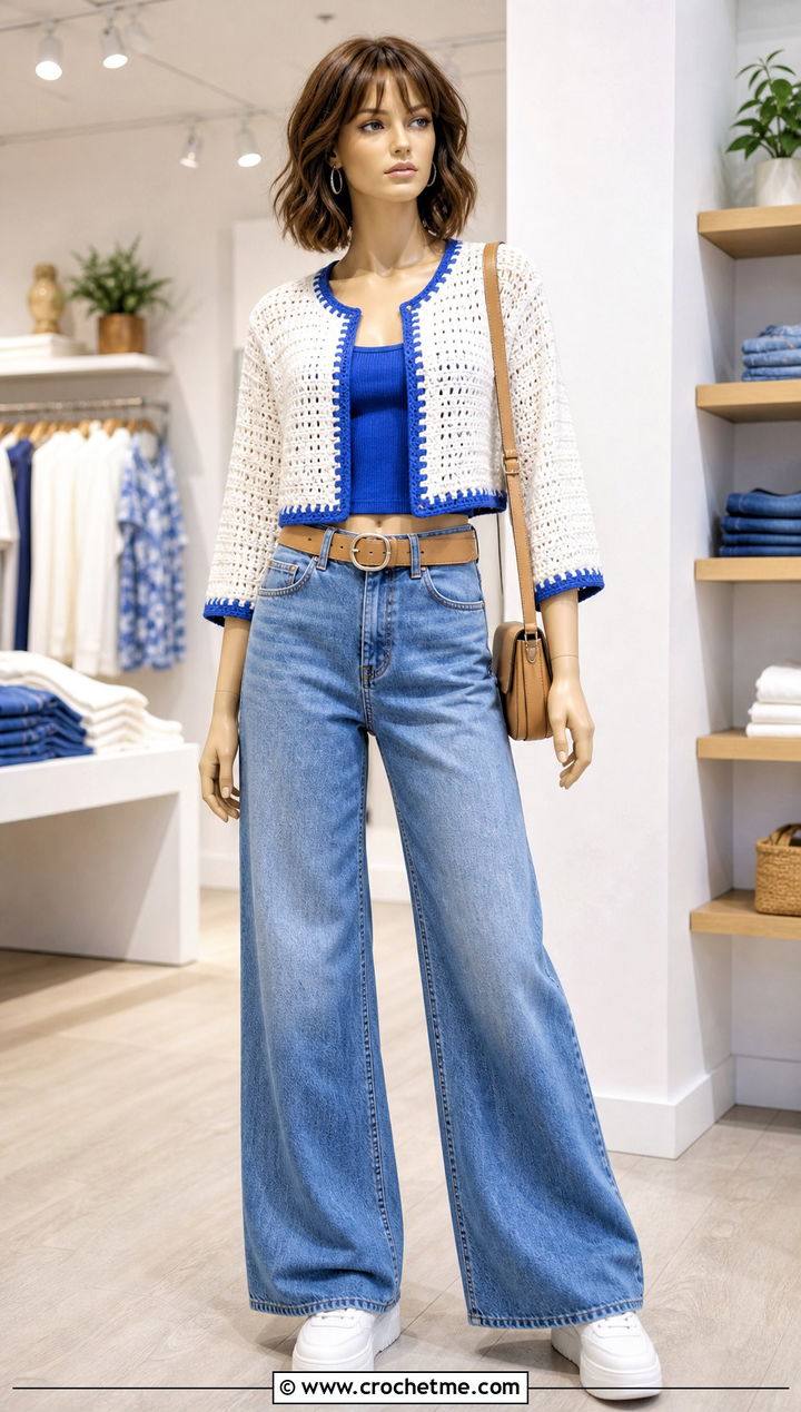 White Cropped Crochet Cardigan With Wide Leg Jeans - 15 White Crochet Cardigan On Mannequin outfit ideas