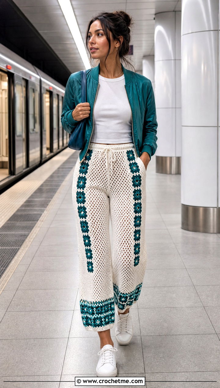 White Cropped Crochet Trousers With Bomber Jacket - 25 White Crochet Trousers outfit ideas