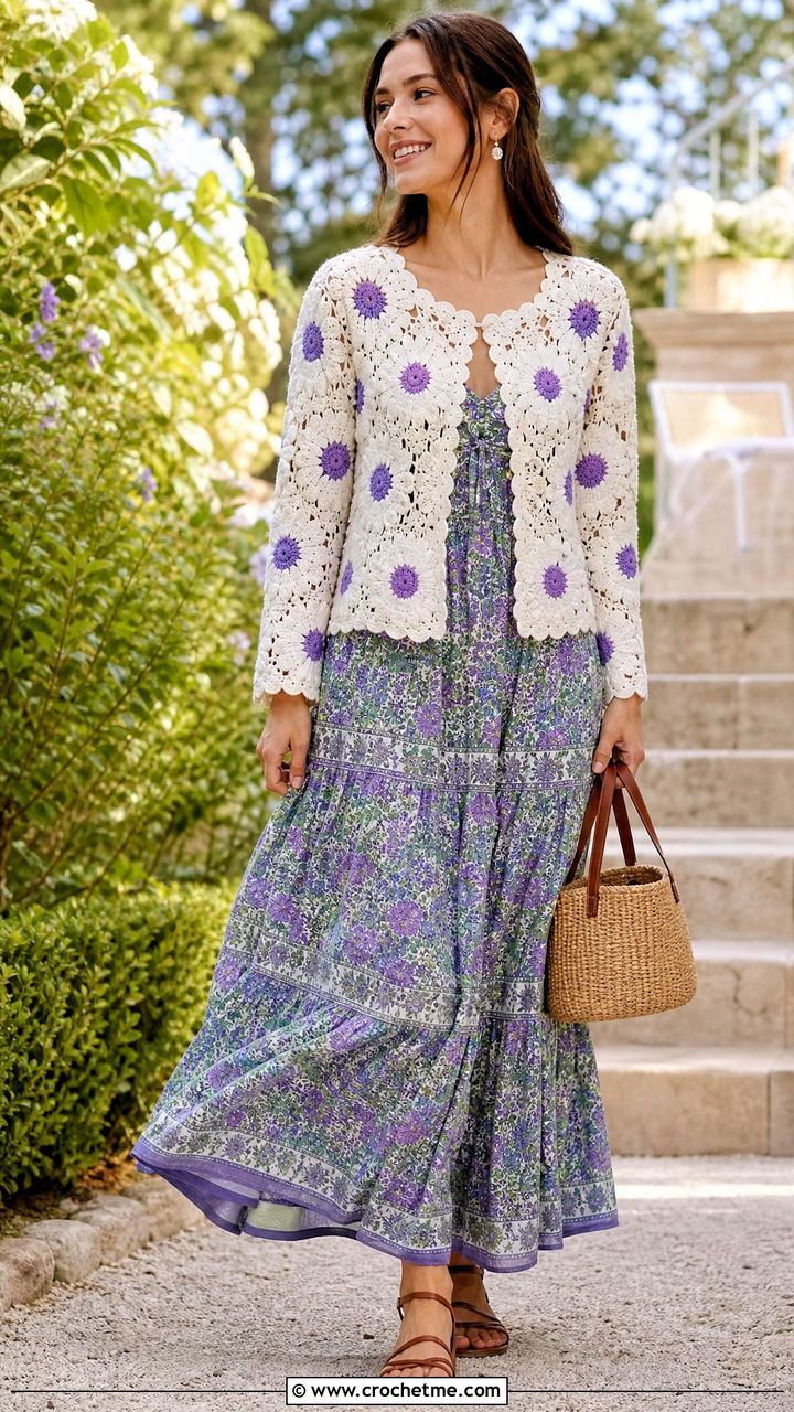 White Daisy Cardigan With Printed Maxi Dress - 35 Crochet Daisy Cardigan outfit ideas