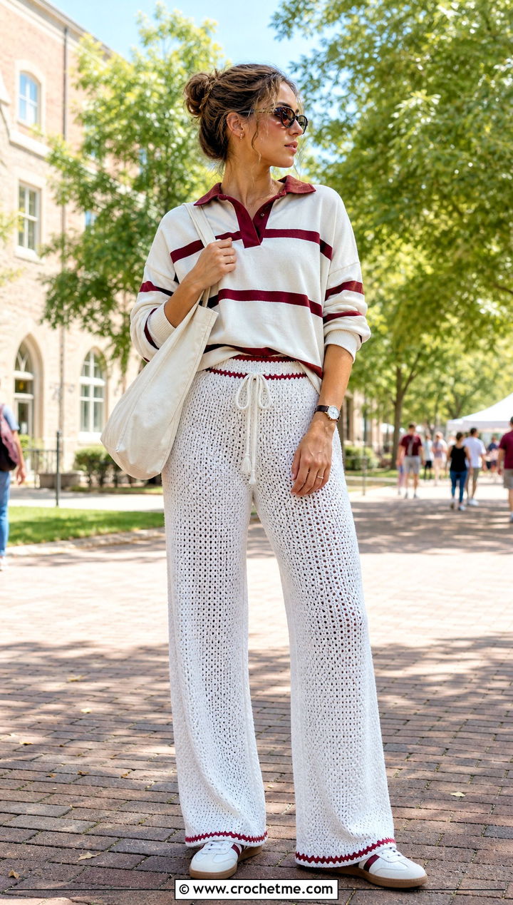 White Drawstring Crochet Trousers With Rugby Shirt - 25 White Crochet Trousers outfit ideas