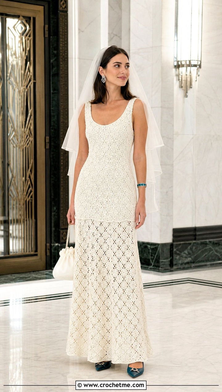 White Drop Waist Crochet Wedding Dress With Teal Pointed Flats - 25 white crochet wedding dress outfit ideas