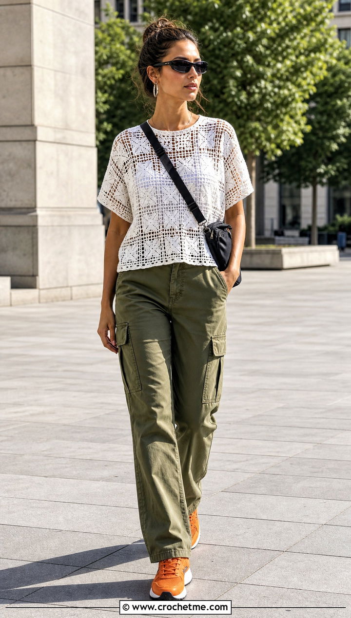 White Filet Crochet Blouse With Utility Pants - 15 white crochet blouse design outfit ideas
